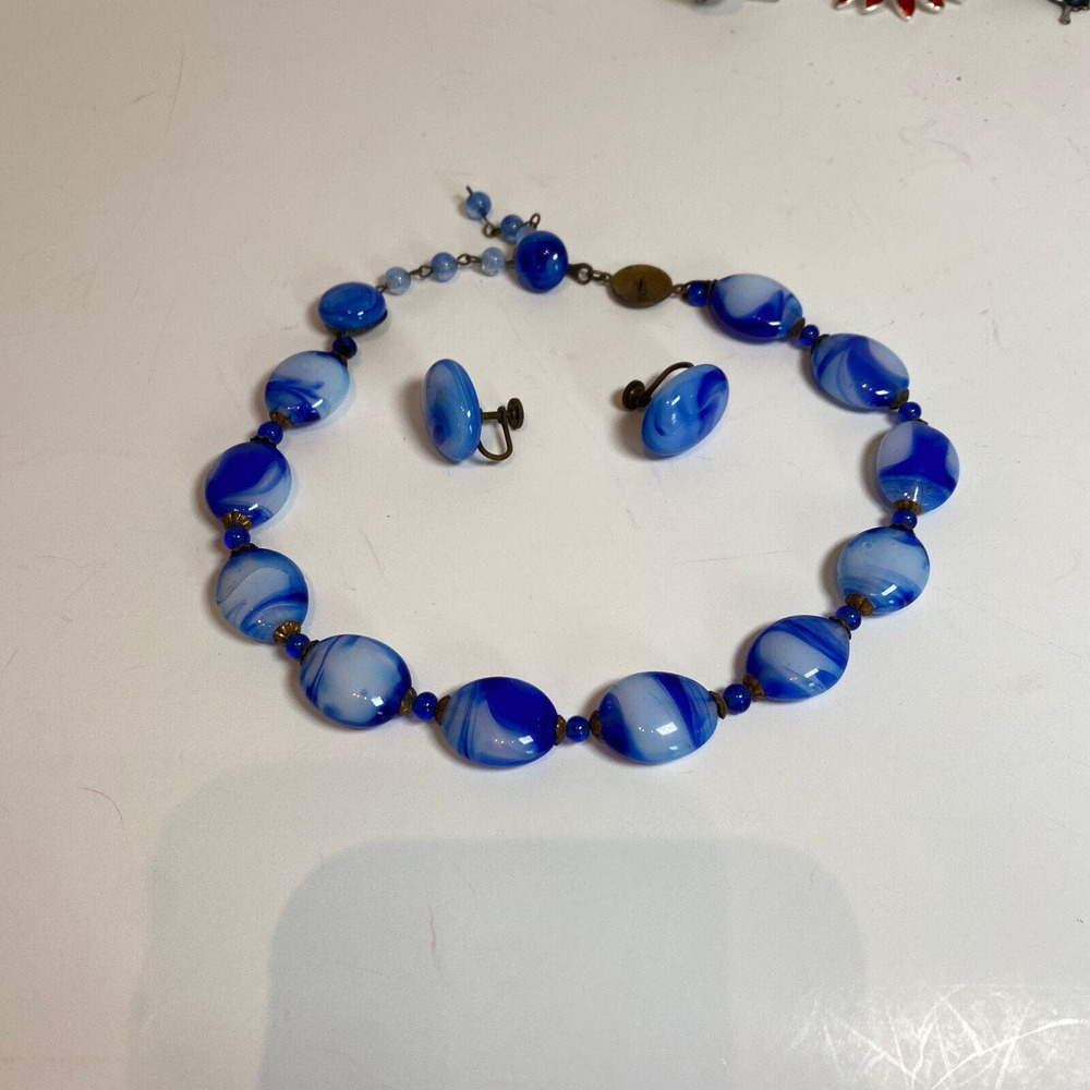 Antique Colored Swirl Glass Necklace Screwback Earrings Set READ DESCRIPTION